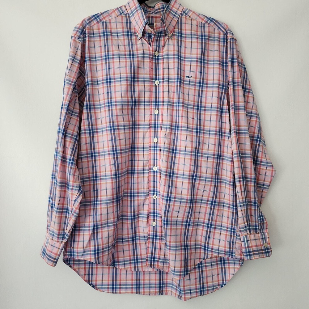 Vineyard Vines Mens Small Whale Shirt Plaid Button Down Pink Blue Long Sleeve